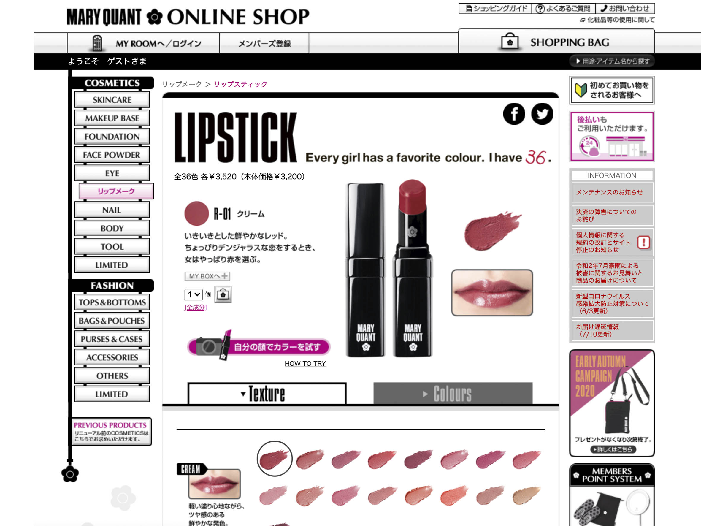 公式オンラインショップのリップの商品詳細画面